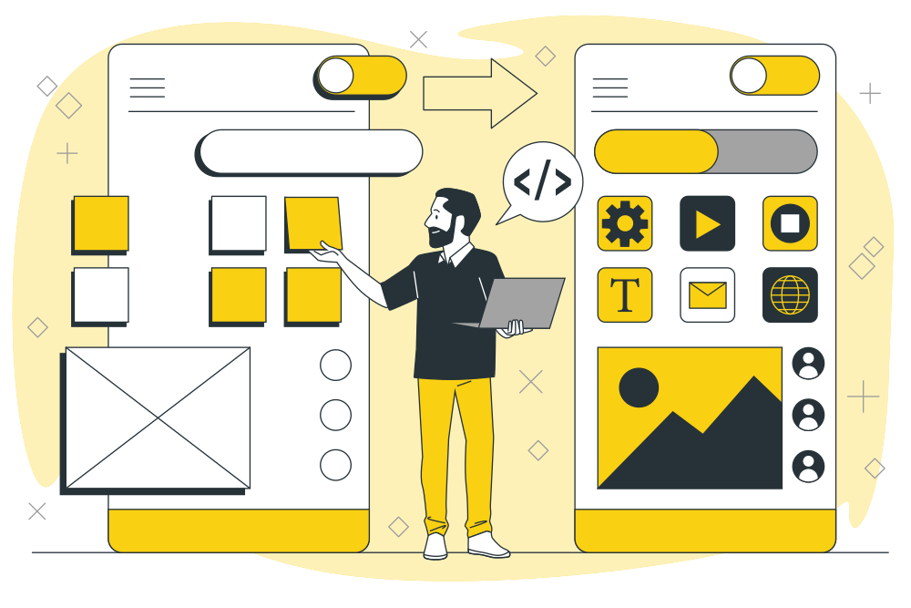 рисунок мужчина изучает UI/UX дизайн
